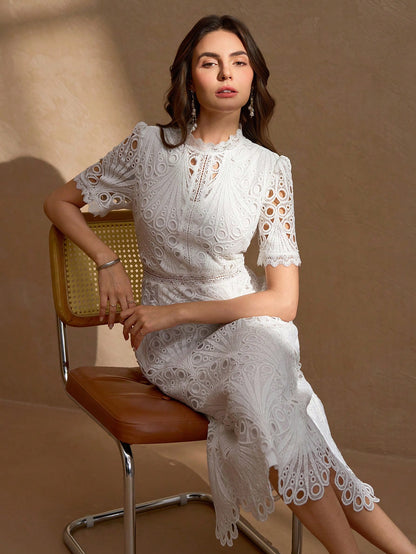 Elegant White Lace Mid-Length Dress, Short Ruffle Sleeves, A-Line Ruffle Collar Design Summer