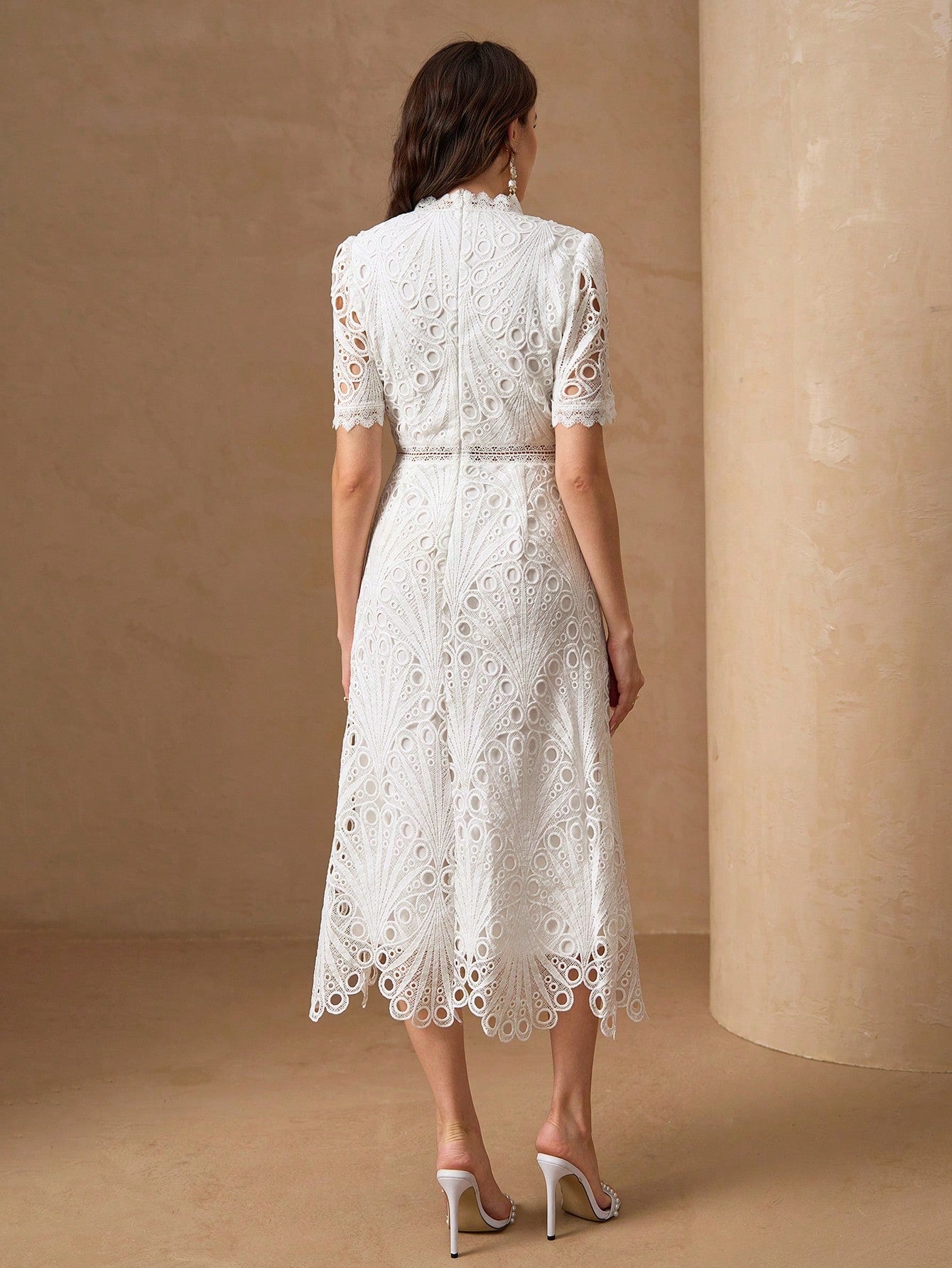 Elegant White Lace Mid-Length Dress, Short Ruffle Sleeves, A-Line Ruffle Collar Design Summer