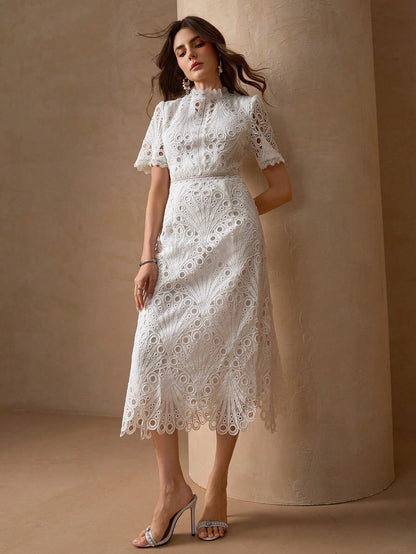 Elegant White Lace Mid-Length Dress, Short Ruffle Sleeves, A-Line Ruffle Collar Design Summer