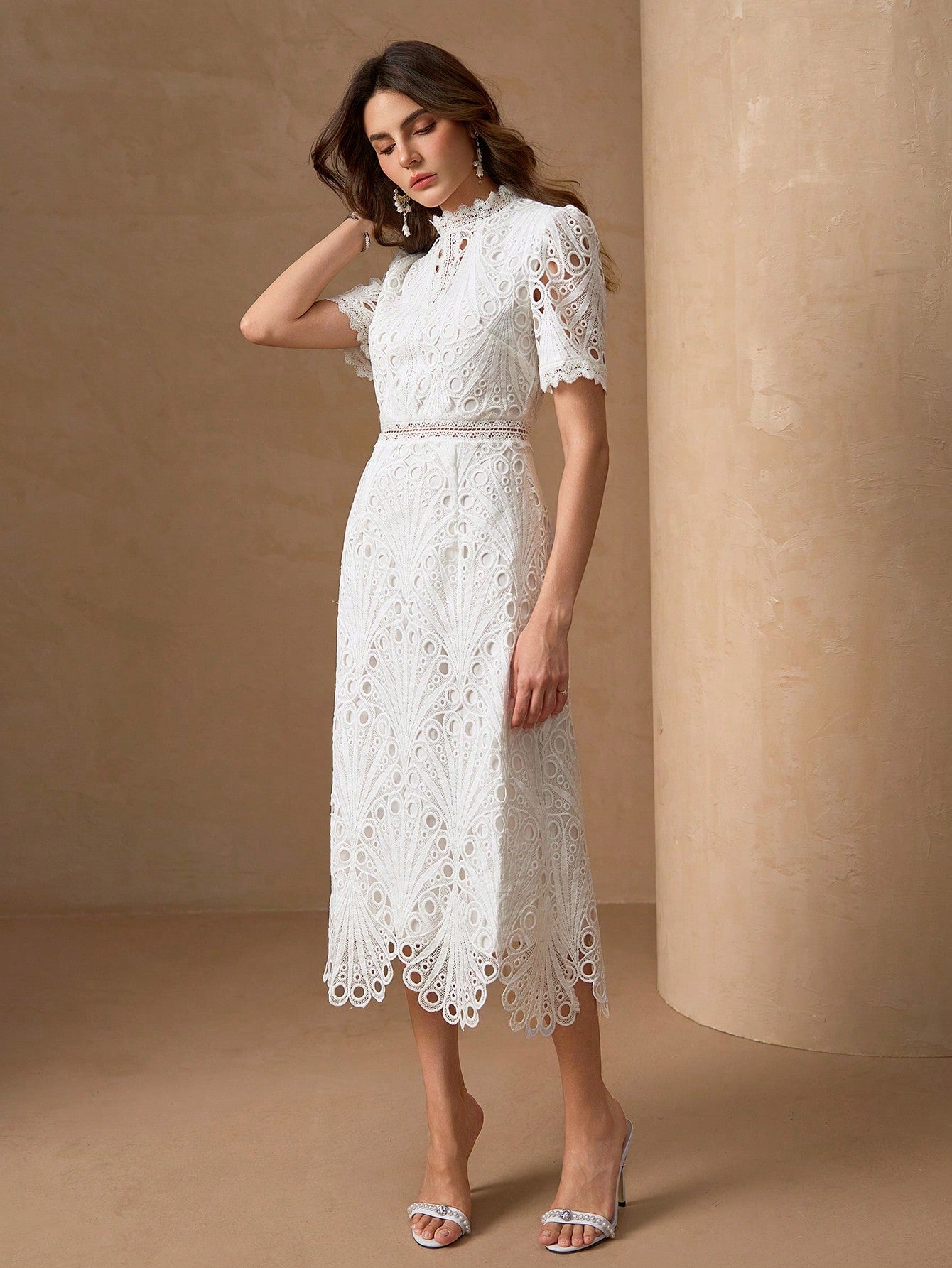 Elegant White Lace Mid-Length Dress, Short Ruffle Sleeves, A-Line Ruffle Collar Design Summer