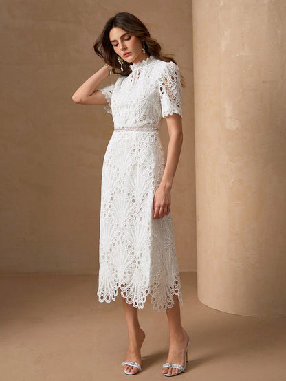 Elegant White Lace Mid-Length Dress, Short Ruffle Sleeves, A-Line Ruffle Collar Design Summer