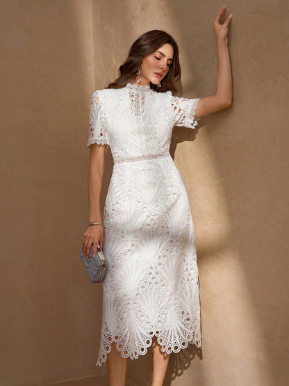 Elegant White Lace Mid-Length Dress, Short Ruffle Sleeves, A-Line Ruffle Collar Design Summer