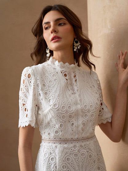 Elegant White Lace Mid-Length Dress, Short Ruffle Sleeves, A-Line Ruffle Collar Design Summer