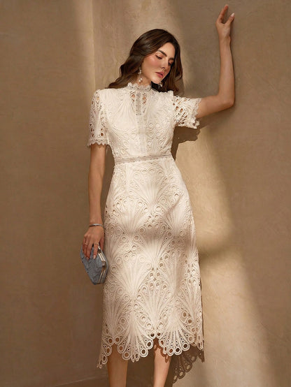 Elegant White Lace Mid-Length Dress, Short Ruffle Sleeves, A-Line Ruffle Collar Design Summer