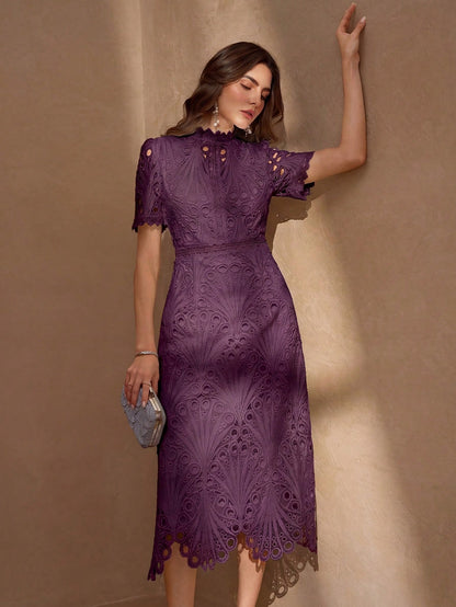 Elegant White Lace Mid-Length Dress, Short Ruffle Sleeves, A-Line Ruffle Collar Design Summer