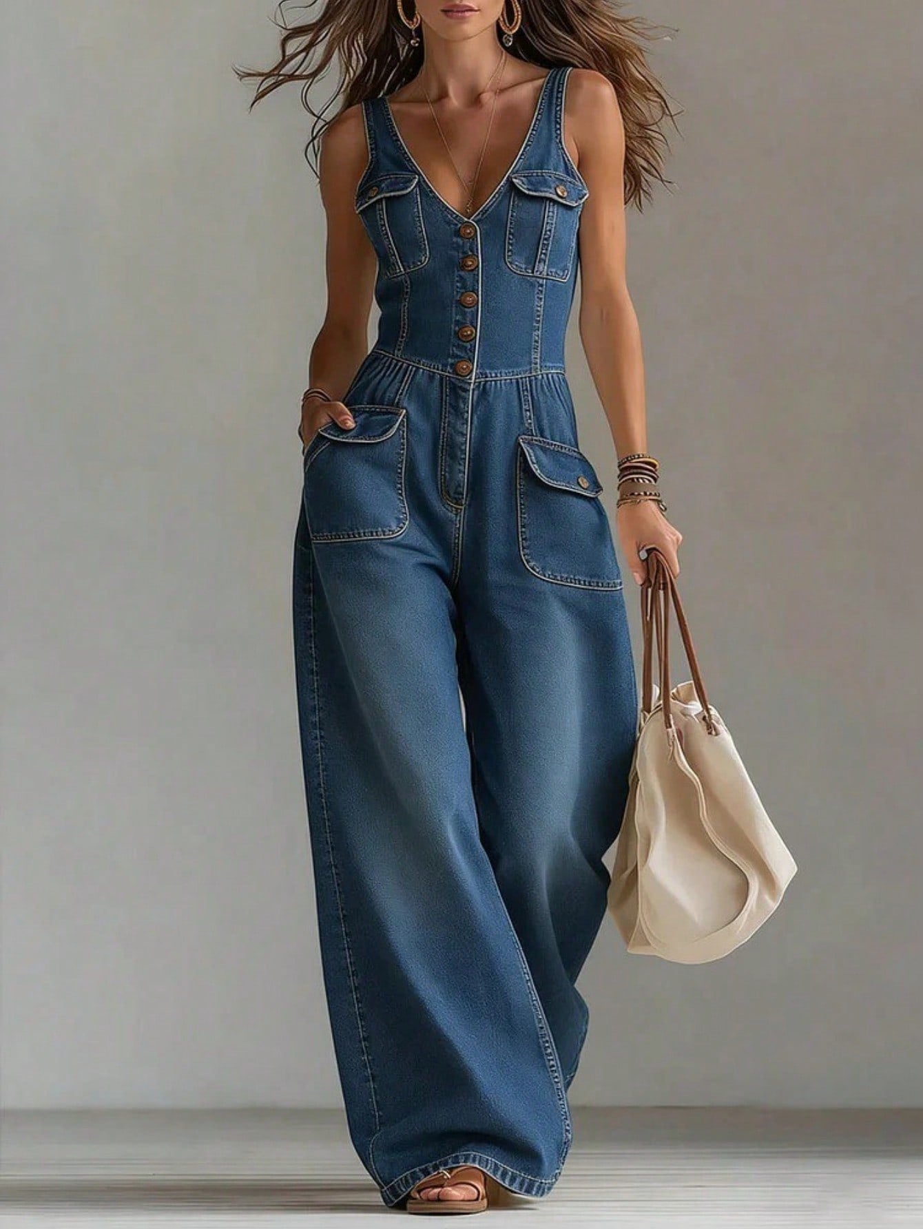 Casual Overalls Plus Size Washing Denim Jumpsuit Straight Loose Sleeveless Strap Jumpsuit V Neck Rompers Wide Leg Loose Pants