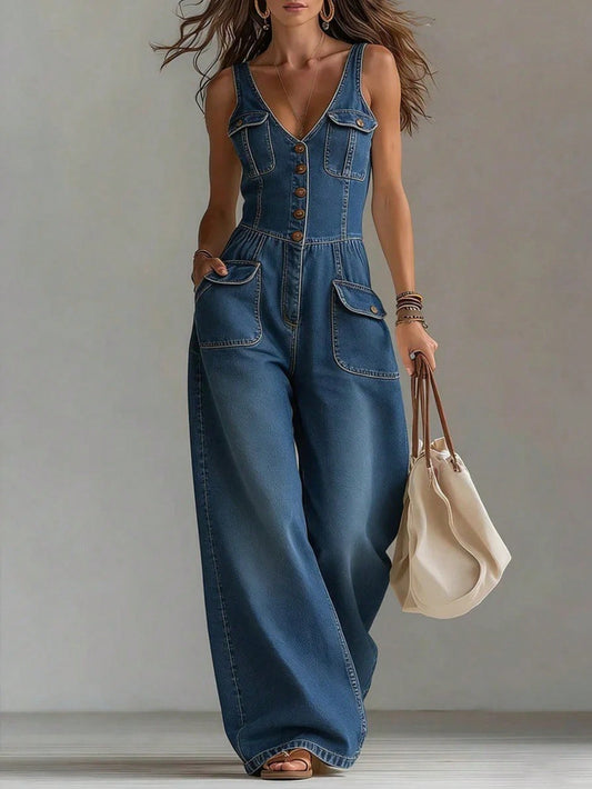 Casual Overalls Plus Size Washing Denim Jumpsuit Straight Loose Sleeveless Strap Jumpsuit V Neck Rompers Wide Leg Loose Pants