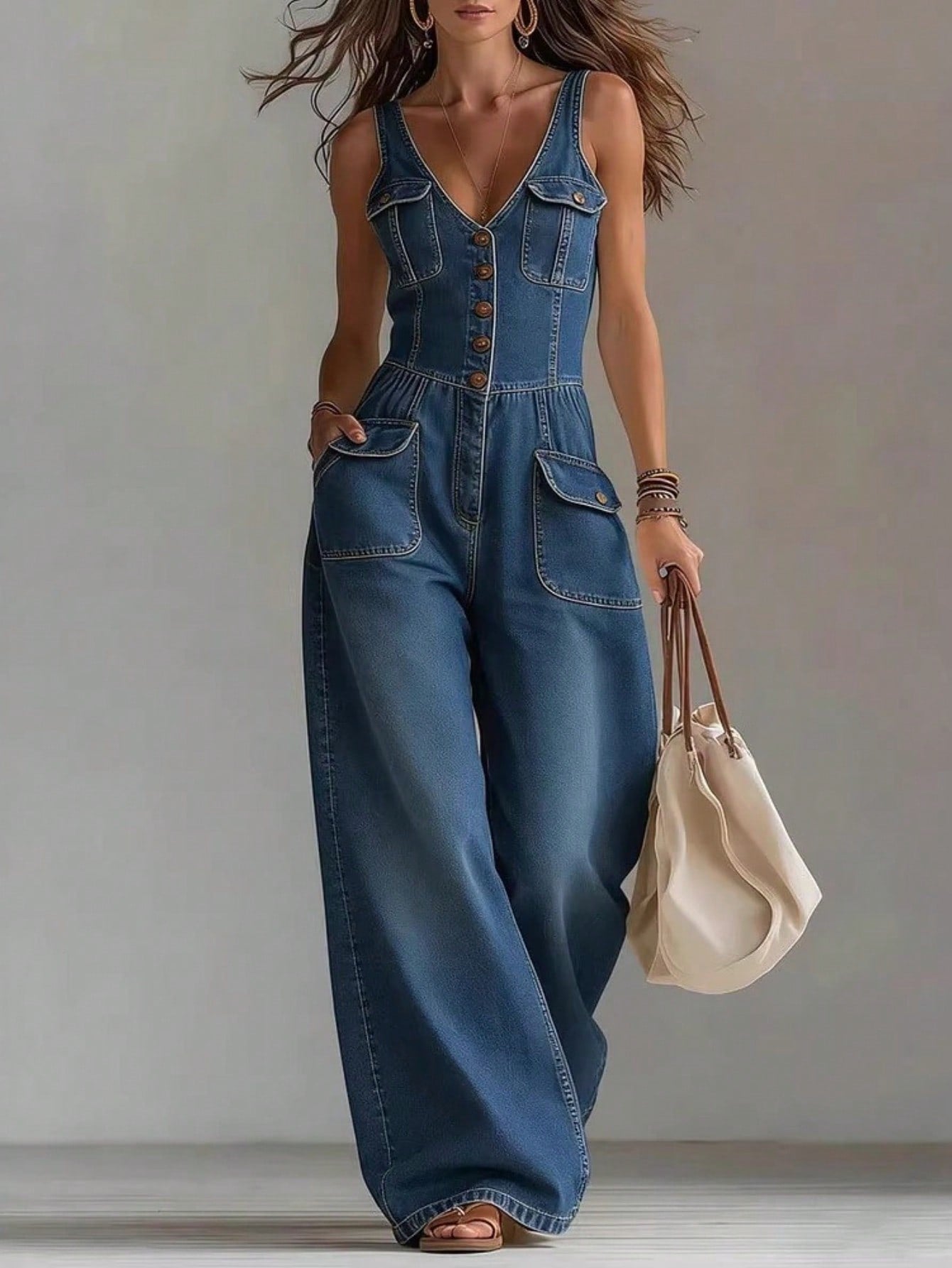 Casual Overalls Plus Size Washing Denim Jumpsuit Straight Loose Sleeveless Strap Jumpsuit V Neck Rompers Wide Leg Loose Pants