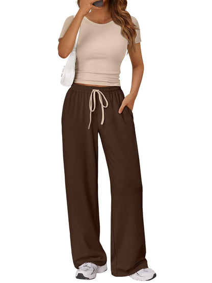 2 Piece Matching Summer Lounge Set Womens Side Ruching Top Wide Leg Pants Sets with Pockets