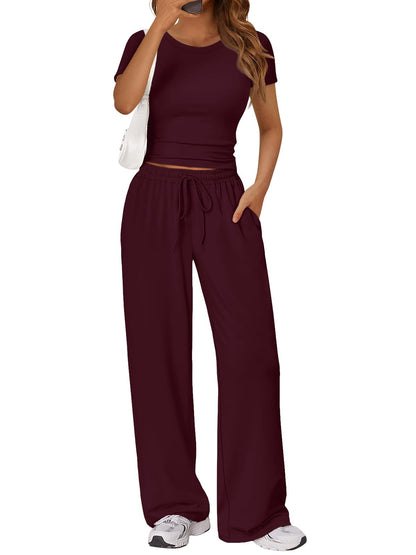 2 Piece Matching Summer Lounge Set Womens Side Ruching Top Wide Leg Pants Sets with Pockets