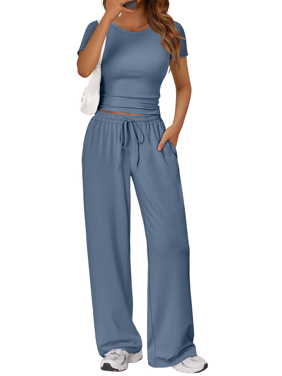 2 Piece Matching Summer Lounge Set Womens Side Ruching Top Wide Leg Pants Sets with Pockets