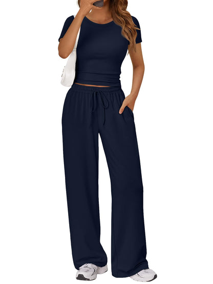 2 Piece Matching Summer Lounge Set Womens Side Ruching Top Wide Leg Pants Sets with Pockets