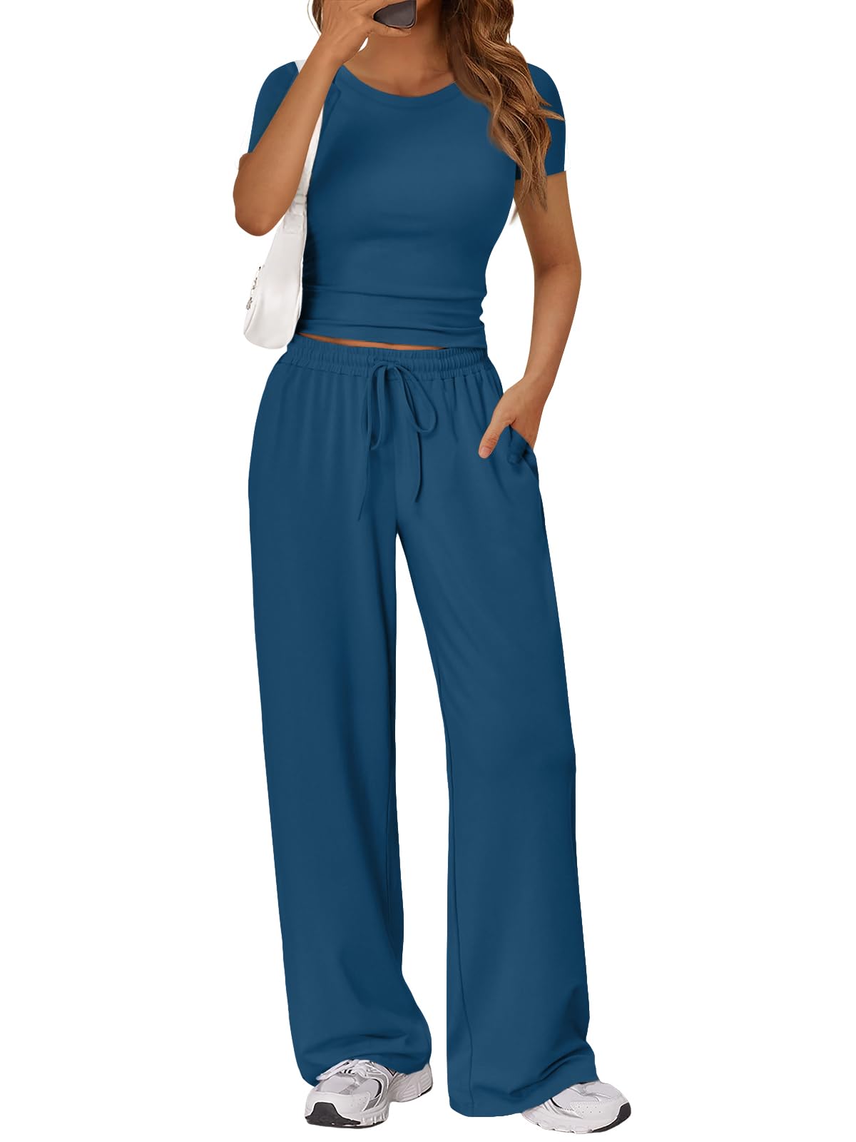 2 Piece Matching Summer Lounge Set Womens Side Ruching Top Wide Leg Pants Sets with Pockets