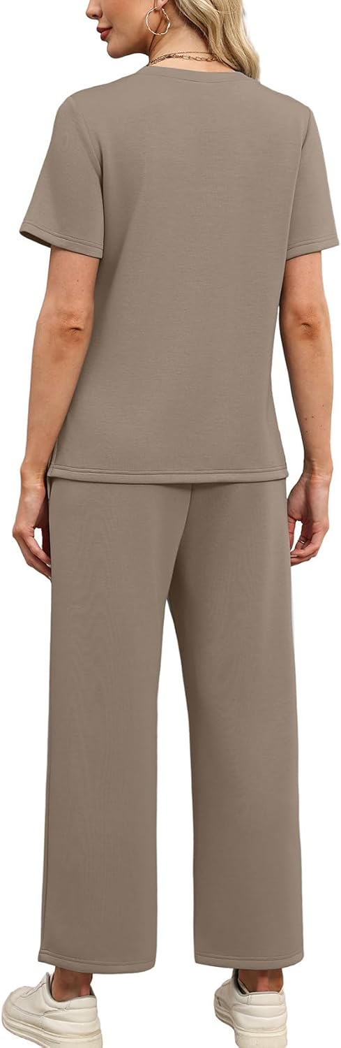 Two Piece Sets for Women Summer Spring Travel Vacation Outfits Short Sleeve Lounge Sets Side Slit Wide Leg Pants S-3XL
