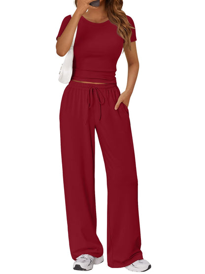 2 Piece Matching Summer Lounge Set Womens Side Ruching Top Wide Leg Pants Sets with Pockets