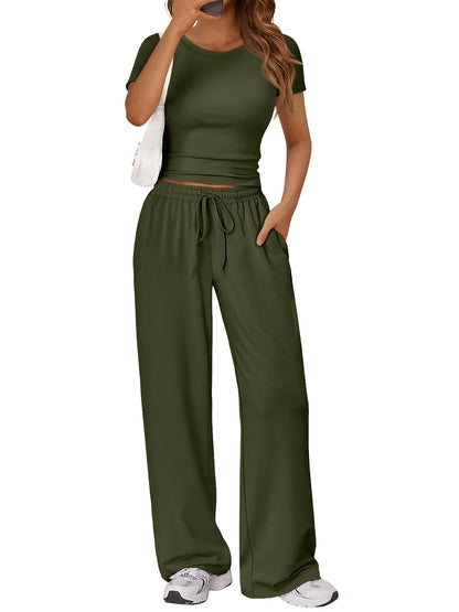 2 Piece Matching Summer Lounge Set Womens Side Ruching Top Wide Leg Pants Sets with Pockets