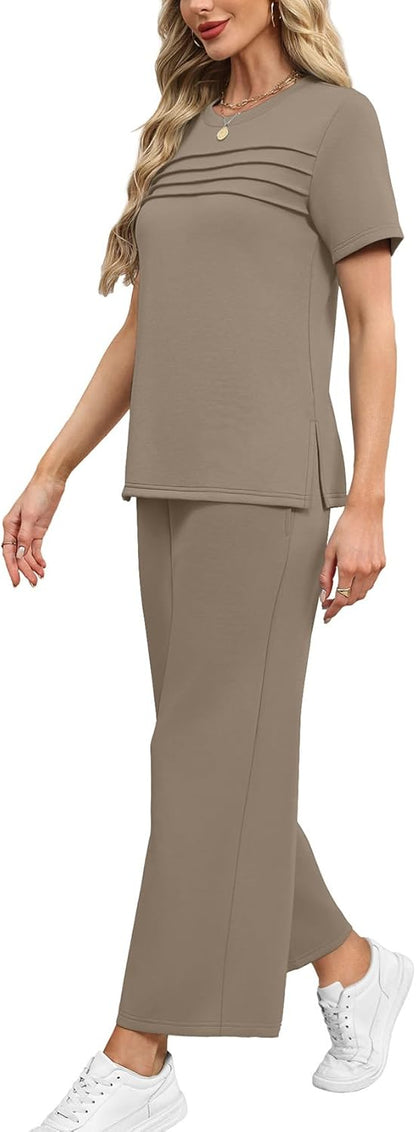 Two Piece Sets for Women Summer Spring Travel Vacation Outfits Short Sleeve Lounge Sets Side Slit Wide Leg Pants S-3XL