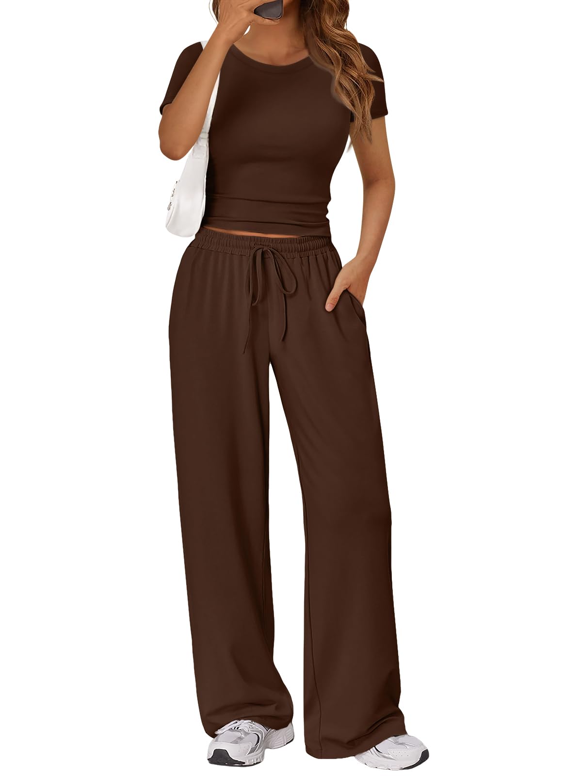 2 Piece Matching Summer Lounge Set Womens Side Ruching Top Wide Leg Pants Sets with Pockets