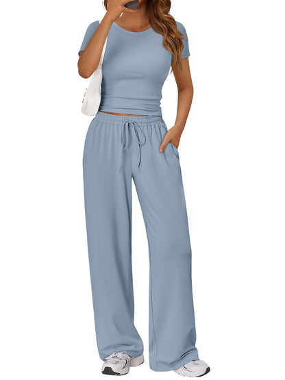 2 Piece Matching Summer Lounge Set Womens Side Ruching Top Wide Leg Pants Sets with Pockets