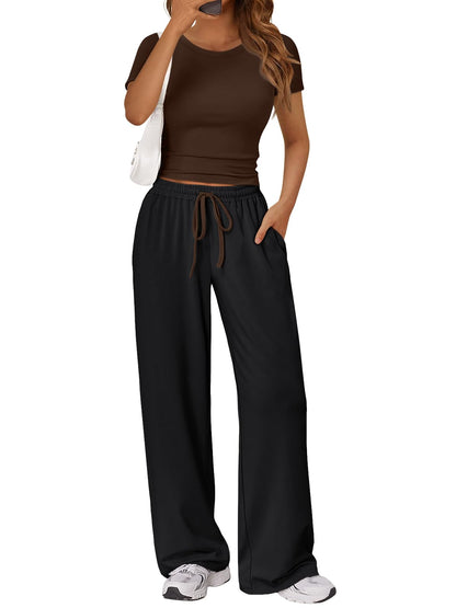 2 Piece Matching Summer Lounge Set Womens Side Ruching Top Wide Leg Pants Sets with Pockets