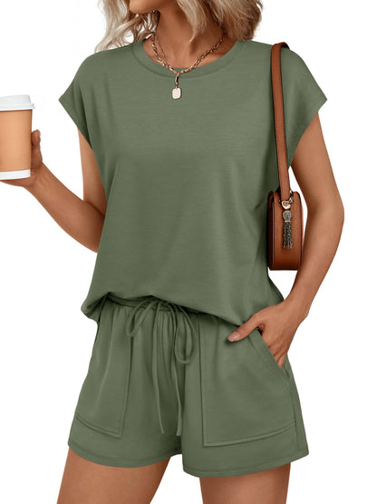Womens Crew Neck Two Piece Short Sets Cap Sleeve Drawstring Summer Sweatsuit with Pocket