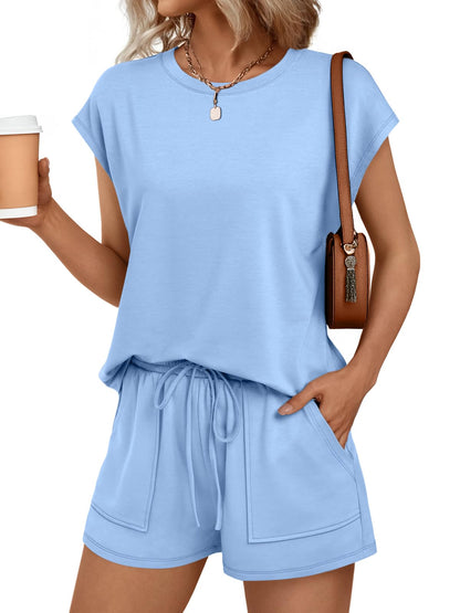 Womens Crew Neck Two Piece Short Sets Cap Sleeve Drawstring Summer Sweatsuit with Pocket