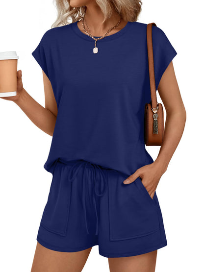 Womens Crew Neck Two Piece Short Sets Cap Sleeve Drawstring Summer Sweatsuit with Pocket