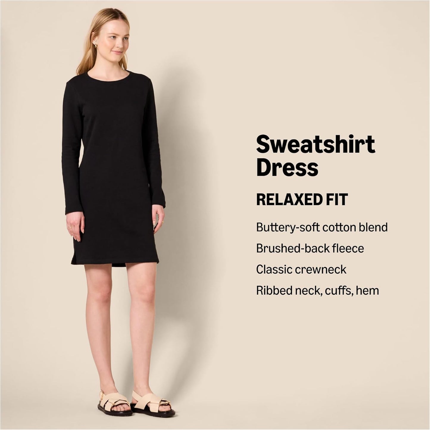 Amazon Essentials Women's Long Sleeve Crewneck Fleece Above-The-Knee Dress with Ribbed Detail