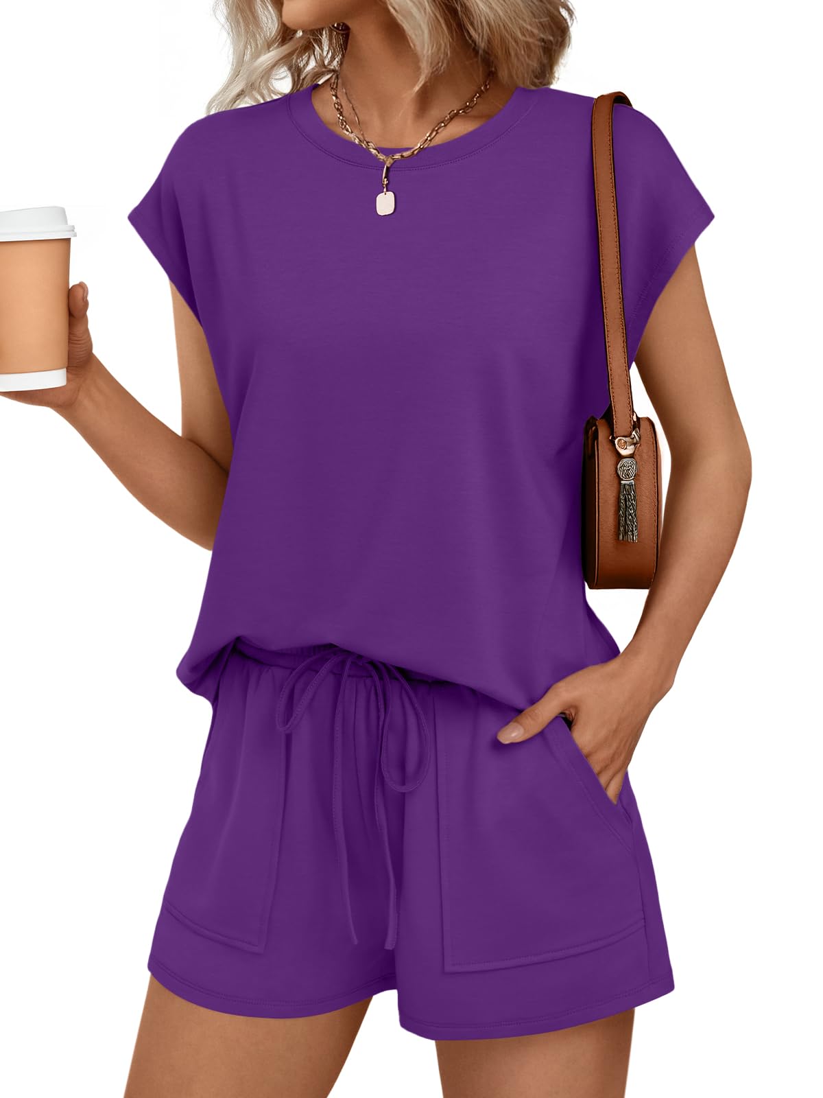 Womens Crew Neck Two Piece Short Sets Cap Sleeve Drawstring Summer Sweatsuit with Pocket