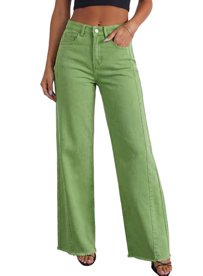Sidefeel Women's Wide Leg Jeans High Waisted Stretchy Raw Hem Zimbaplatinum Denim Pants