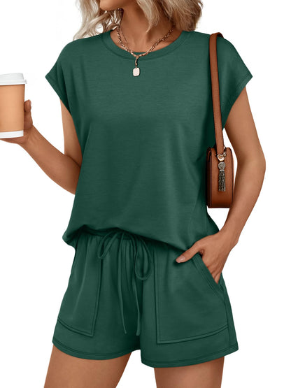 Womens Crew Neck Two Piece Short Sets Cap Sleeve Drawstring Summer Sweatsuit with Pocket