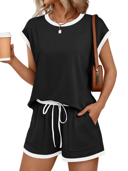 Womens Crew Neck Two Piece Short Sets Cap Sleeve Drawstring Summer Sweatsuit with Pocket