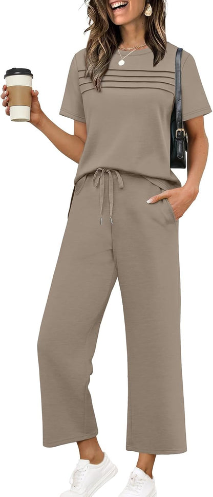 Two Piece Sets for Women Summer Spring Travel Vacation Outfits Short Sleeve Lounge Sets Side Slit Wide Leg Pants S-3XL