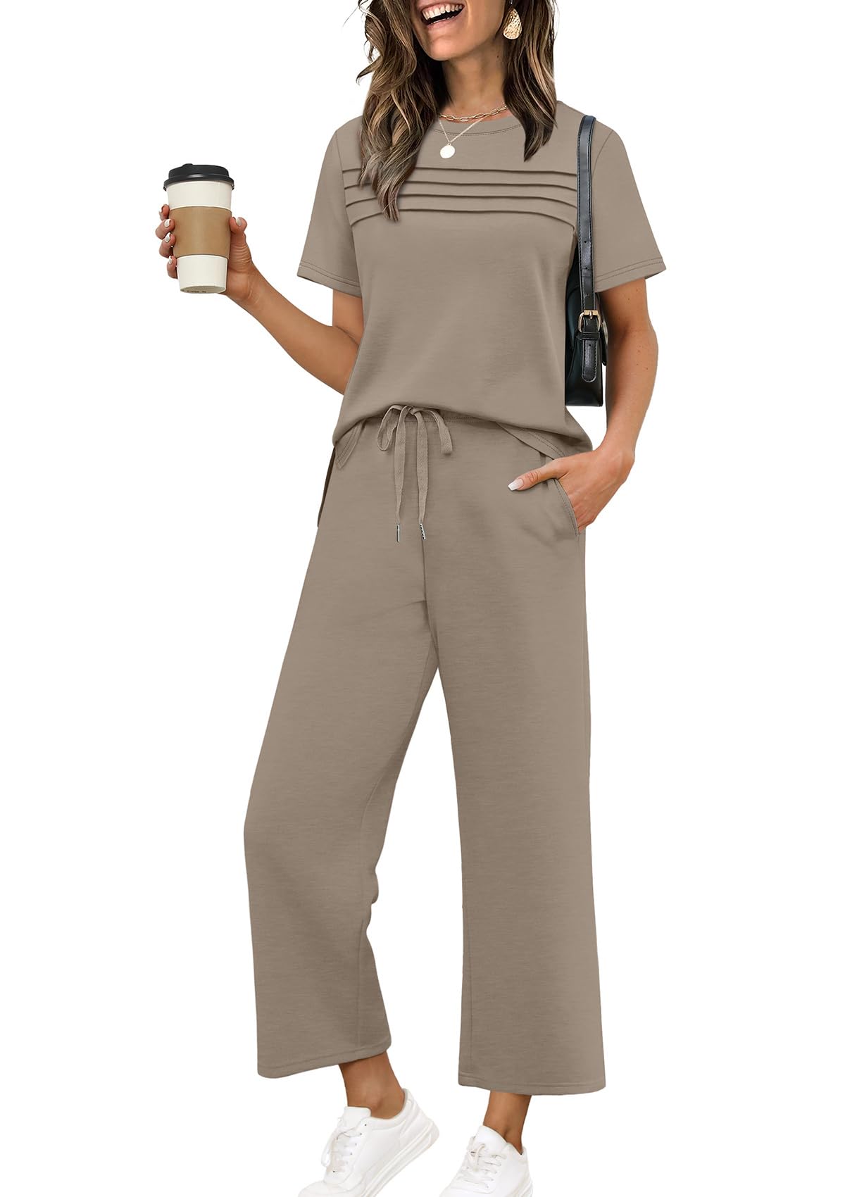 Two Piece Sets for Women Summer Spring Travel Vacation Outfits Short Sleeve Lounge Sets Side Slit Wide Leg Pants S-3XL