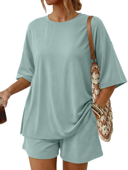 2 Piece Summer Set Oversized Top & Loose Fit Shorts with Pockets