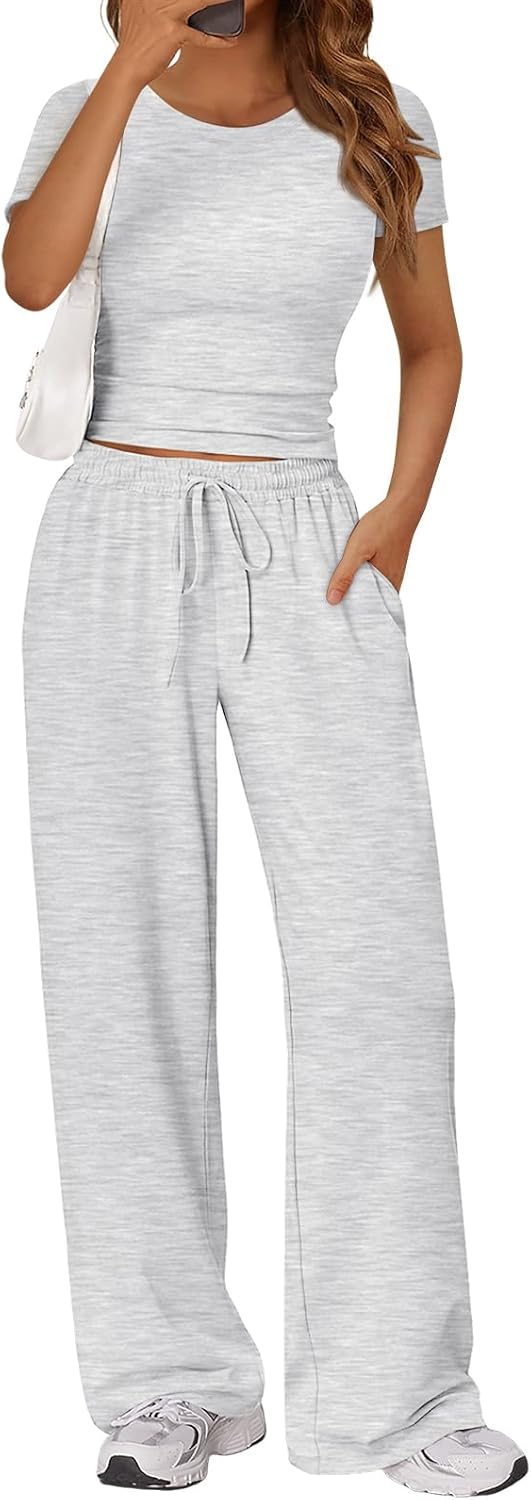 2 Piece Matching Summer Lounge Set Womens Side Ruching Top Wide Leg Pants Sets with Pockets