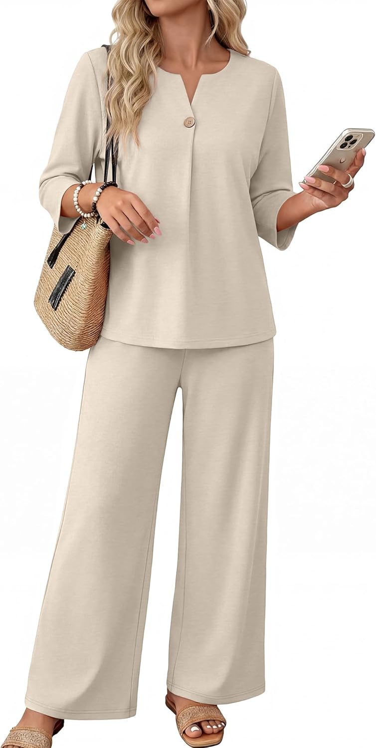 Two Piece Sets for Women 3/4 Length Sleeve Lounge Sets Summer Spring Vacation Travel Outfits Fashion Clothing