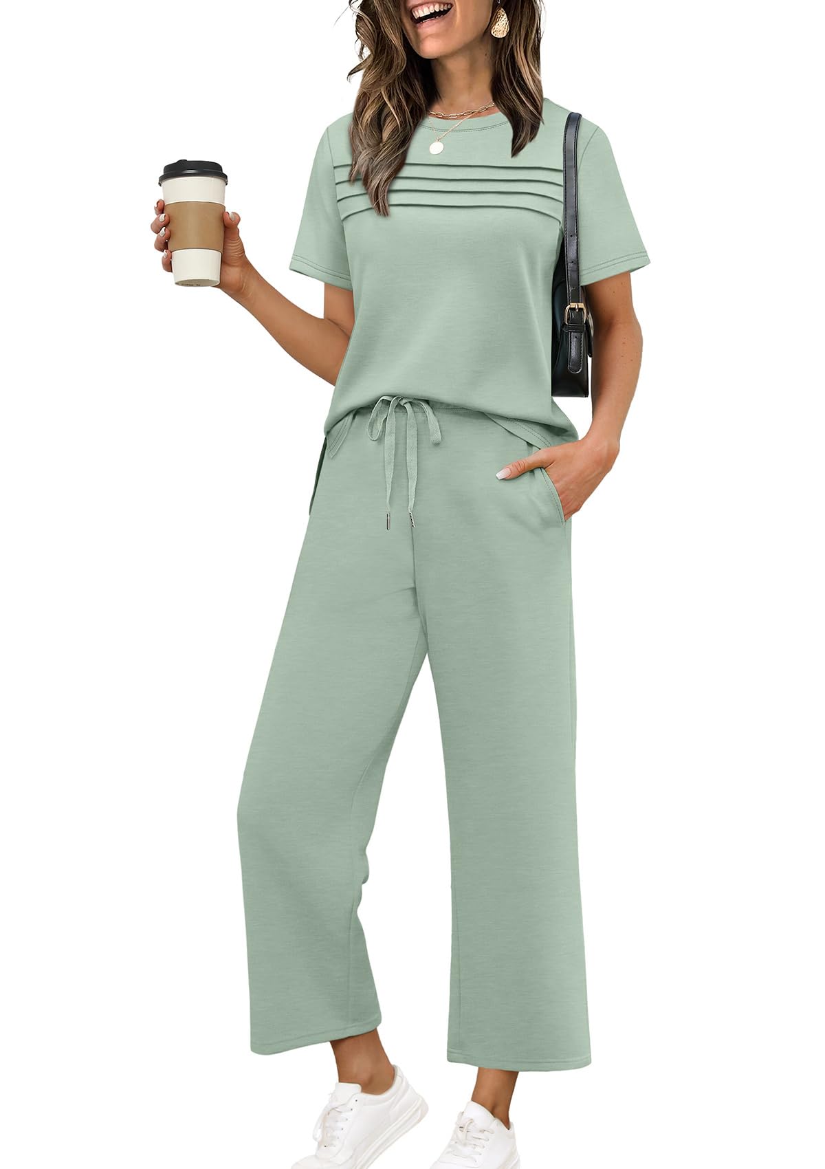 Two Piece Sets for Women Summer Spring Travel Vacation Outfits Short Sleeve Lounge Sets Side Slit Wide Leg Pants S-3XL