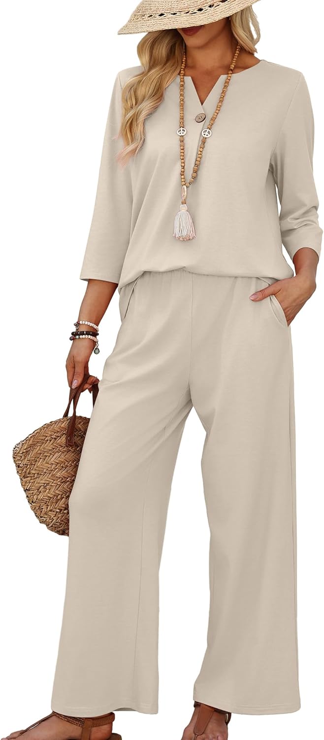 Two Piece Sets for Women 3/4 Length Sleeve Lounge Sets Summer Spring Vacation Travel Outfits Fashion Clothing
