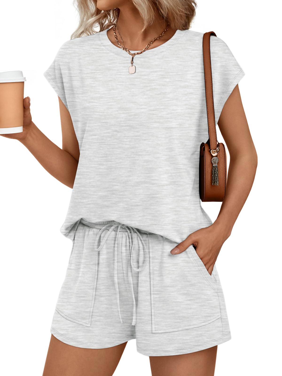 Womens Crew Neck Two Piece Short Sets Cap Sleeve Drawstring Summer Sweatsuit with Pocket