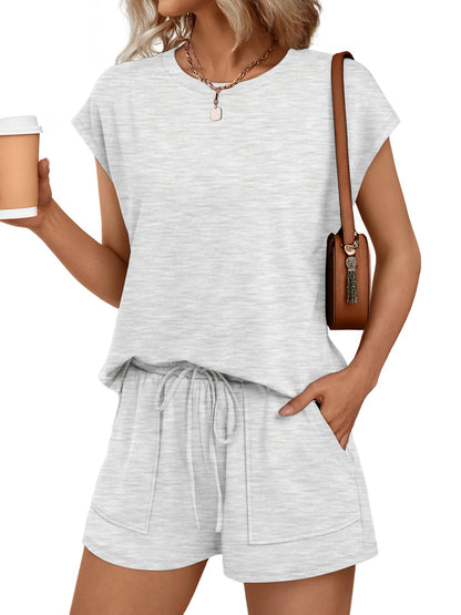 Womens Crew Neck Two Piece Short Sets Cap Sleeve Drawstring Summer Sweatsuit with Pocket