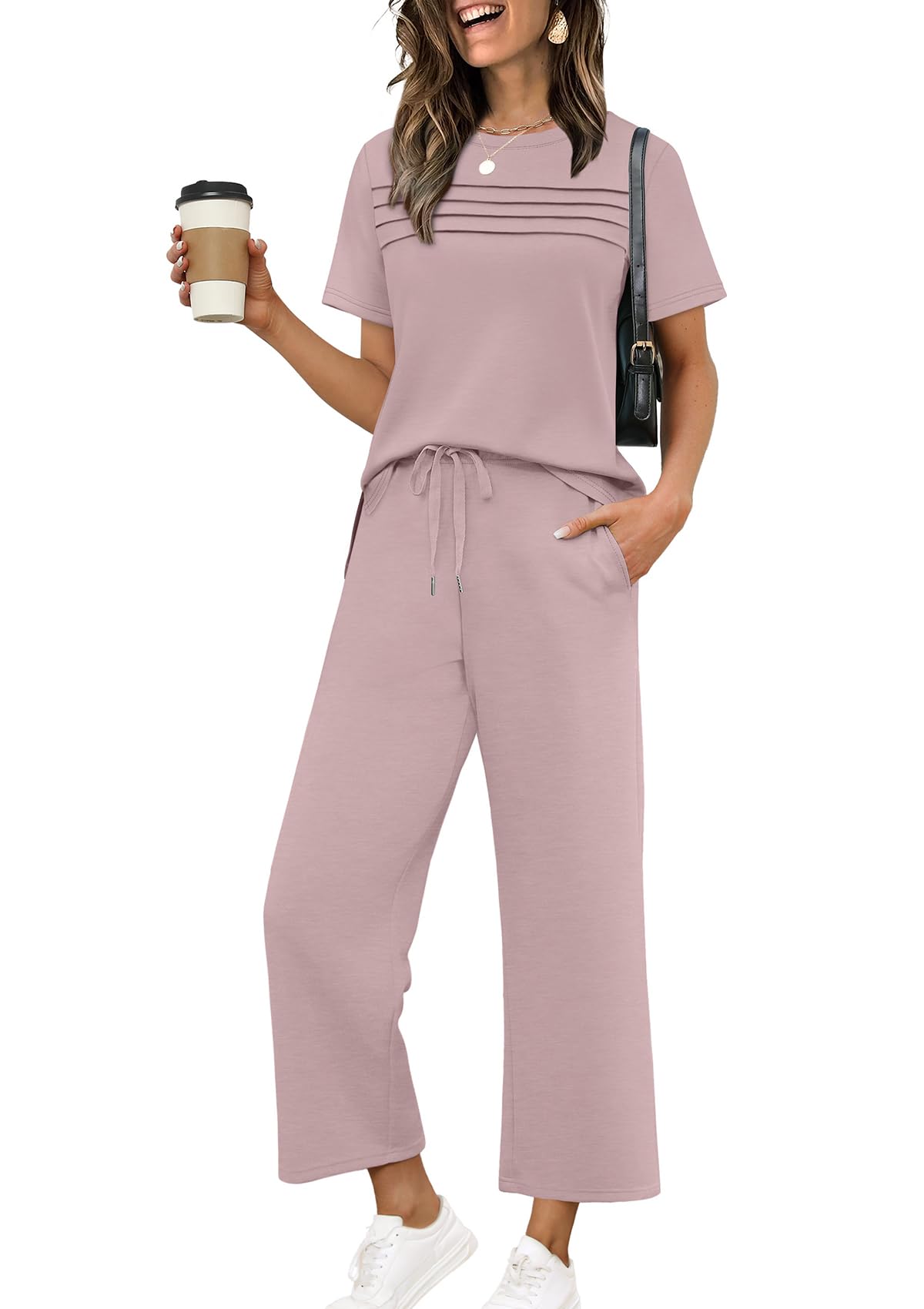 Two Piece Sets for Women Summer Spring Travel Vacation Outfits Short Sleeve Lounge Sets Side Slit Wide Leg Pants S-3XL