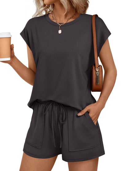 Womens Crew Neck Two Piece Short Sets Cap Sleeve Drawstring Summer Sweatsuit with Pocket