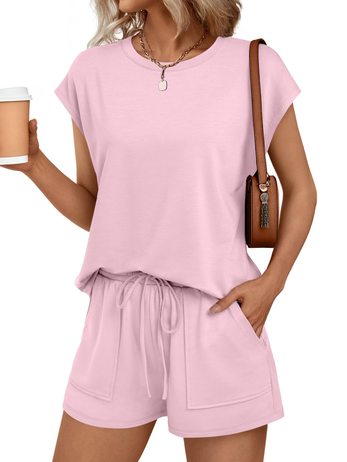 Womens Crew Neck Two Piece Short Sets Cap Sleeve Drawstring Summer Sweatsuit with Pocket