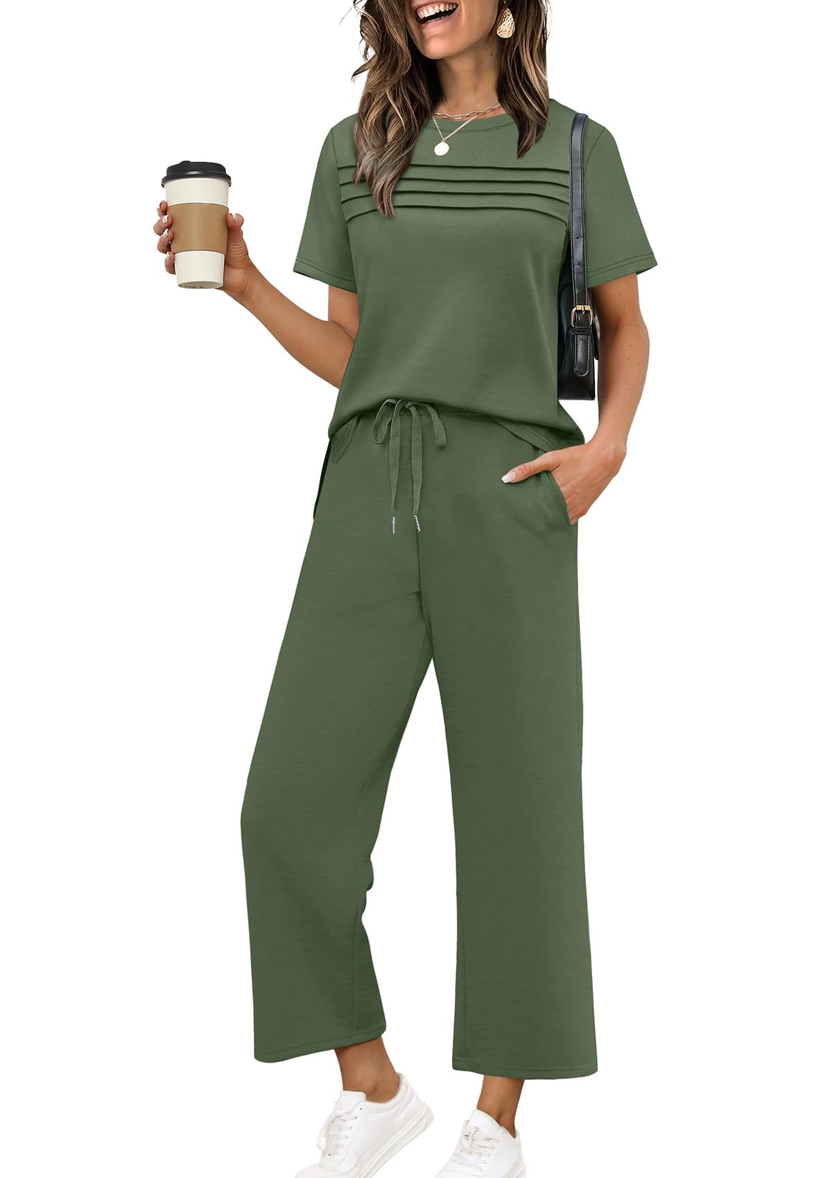 Two Piece Sets for Women Summer Spring Travel Vacation Outfits Short Sleeve Lounge Sets Side Slit Wide Leg Pants S-3XL