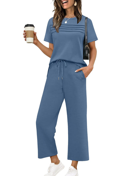 Two Piece Sets for Women Summer Spring Travel Vacation Outfits Short Sleeve Lounge Sets Side Slit Wide Leg Pants S-3XL