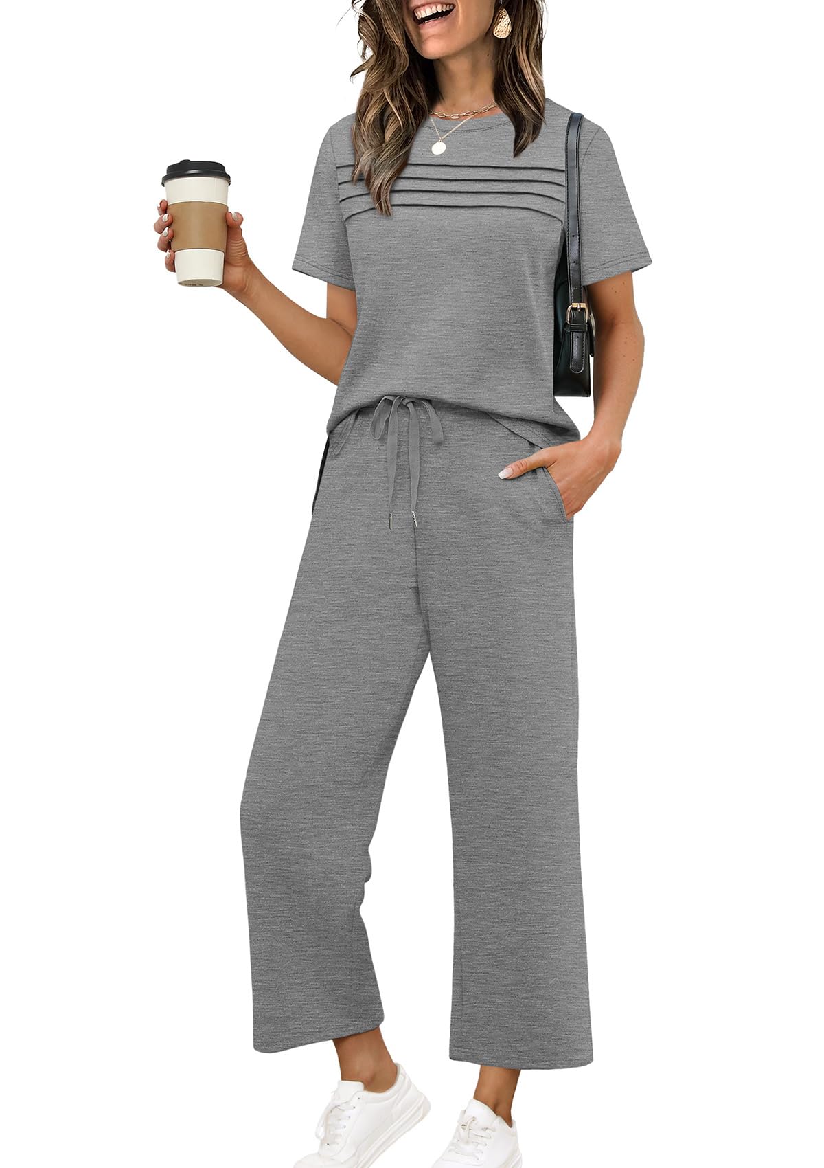 Two Piece Sets for Women Summer Spring Travel Vacation Outfits Short Sleeve Lounge Sets Side Slit Wide Leg Pants S-3XL