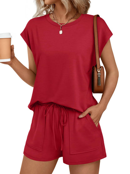 Womens Crew Neck Two Piece Short Sets Cap Sleeve Drawstring Summer Sweatsuit with Pocket