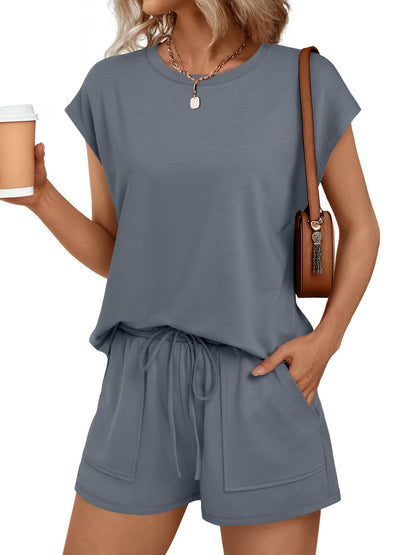 Womens Crew Neck Two Piece Short Sets Cap Sleeve Drawstring Summer Sweatsuit with Pocket