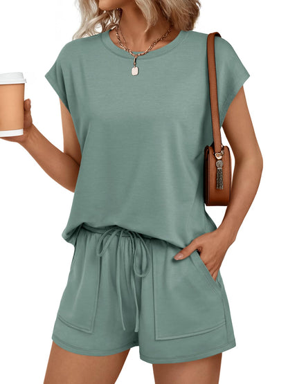 Womens Crew Neck Two Piece Short Sets Cap Sleeve Drawstring Summer Sweatsuit with Pocket